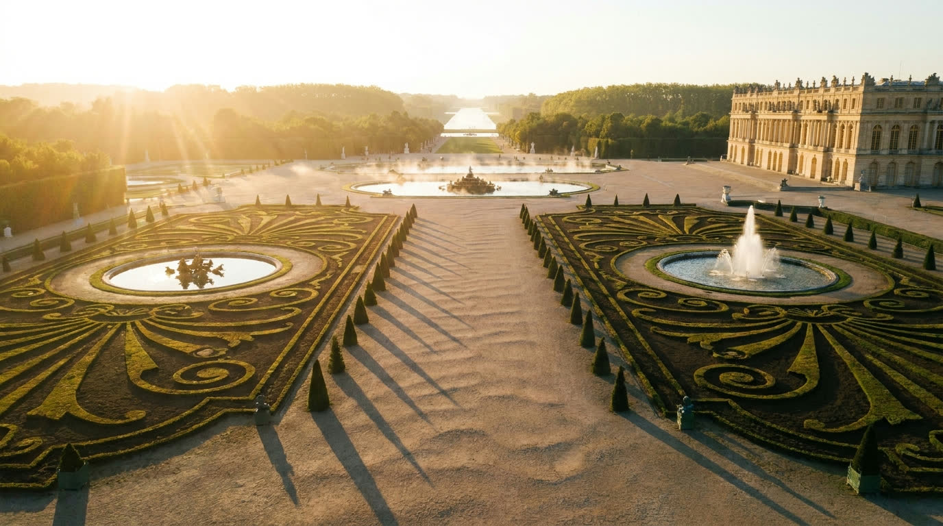 Versailles gardens at sunrise with fountains and geometric parterres, no crowds
