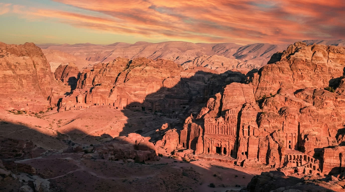 Sunset view over Petra's valley of rock-cut tombs from the High Place of Sacrifice, Jordan