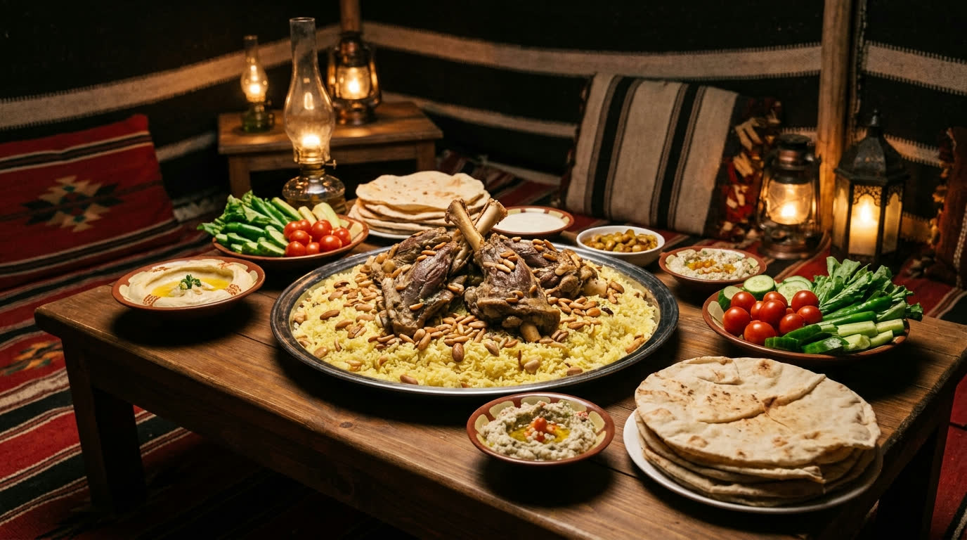Jordanian feast of mansaf and mezze on a low table in a Bedouin tent