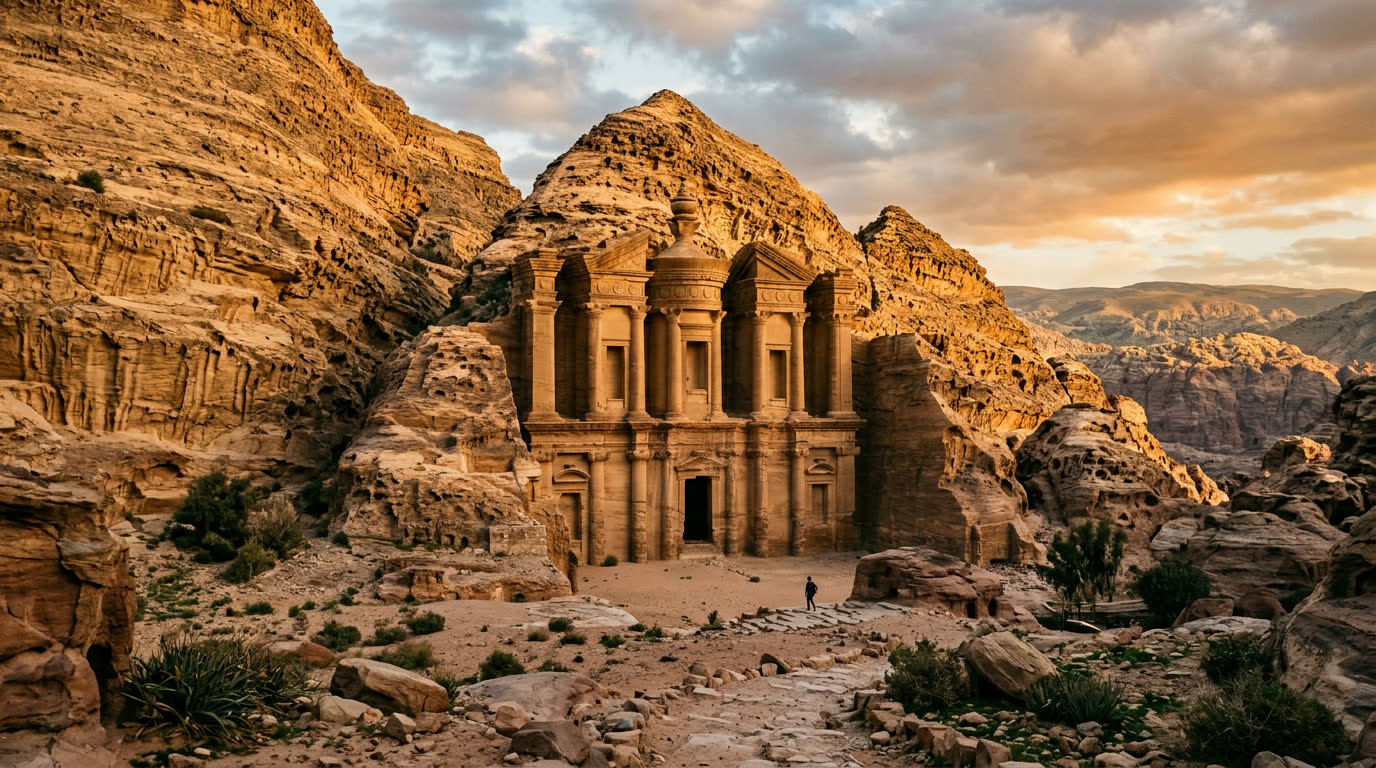 The Monastery Ad-Deir at Petra in golden late-afternoon light