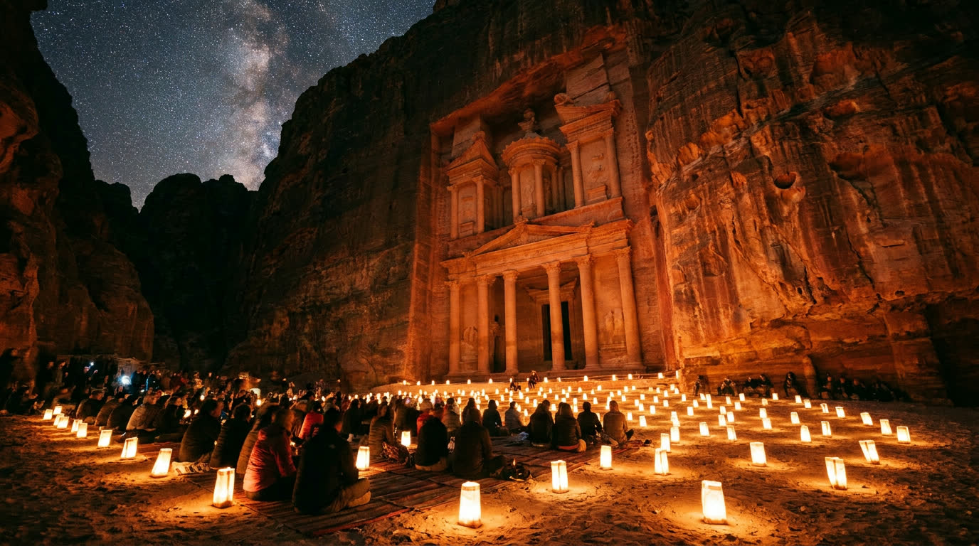 The Treasury plaza at Petra filled with candle lanterns under a starry sky
