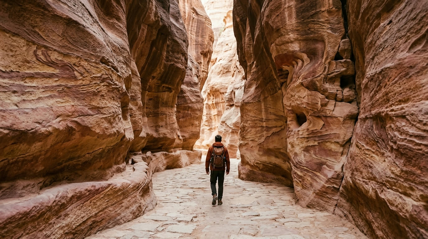 The narrow Siq canyon at Petra with swirling rose and orange sandstone walls