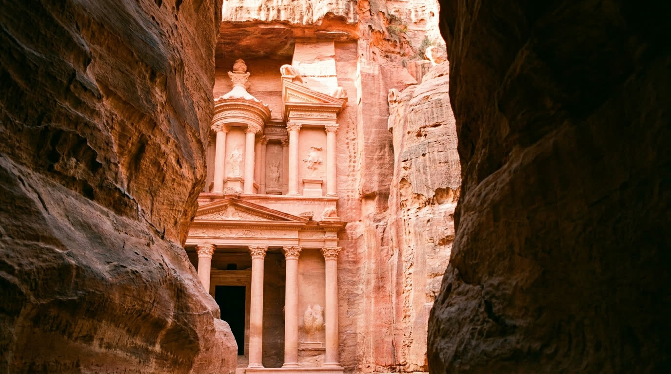 The Treasury at Petra glimpsed through the narrow walls of the Siq canyon, Jordan