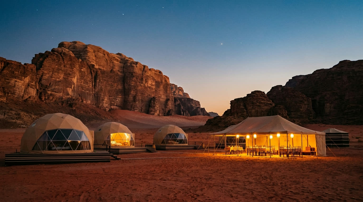 Luxury desert camp with dome tents beneath sandstone cliffs at dusk, Wadi Rum, Jordan