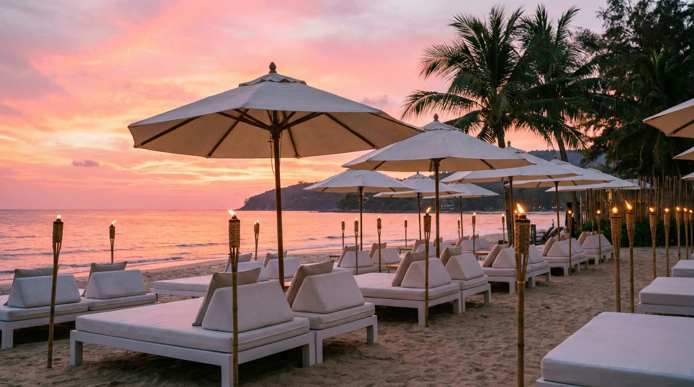 White daybeds, umbrellas and lit torches on Bang Tao beach at sunset in Phuket