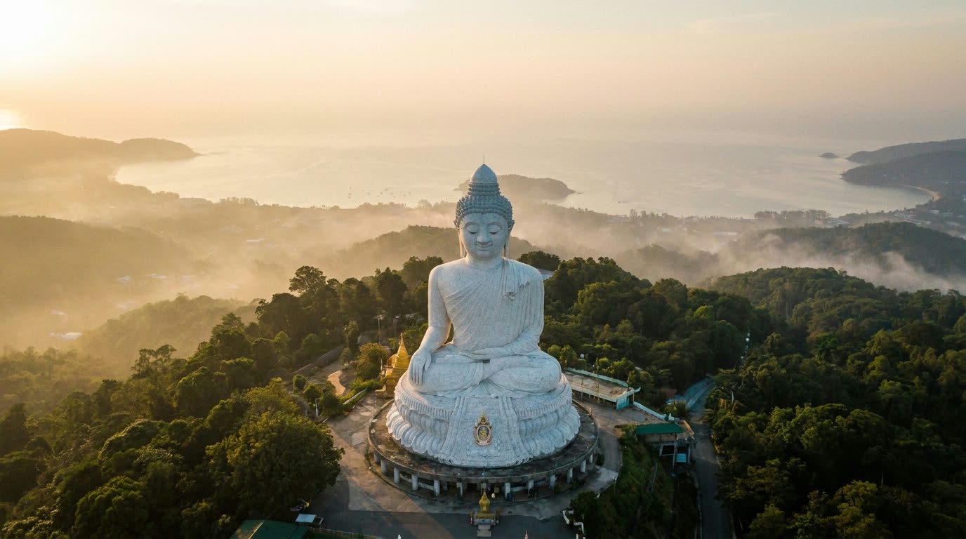 The white marble Big Buddha of Phuket above forested hills at sunrise with bays in soft haze below