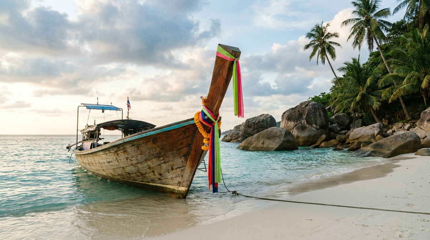 A Thai longtail boat with coloured ribbons moored on white sand with turquoise water and granite boulders