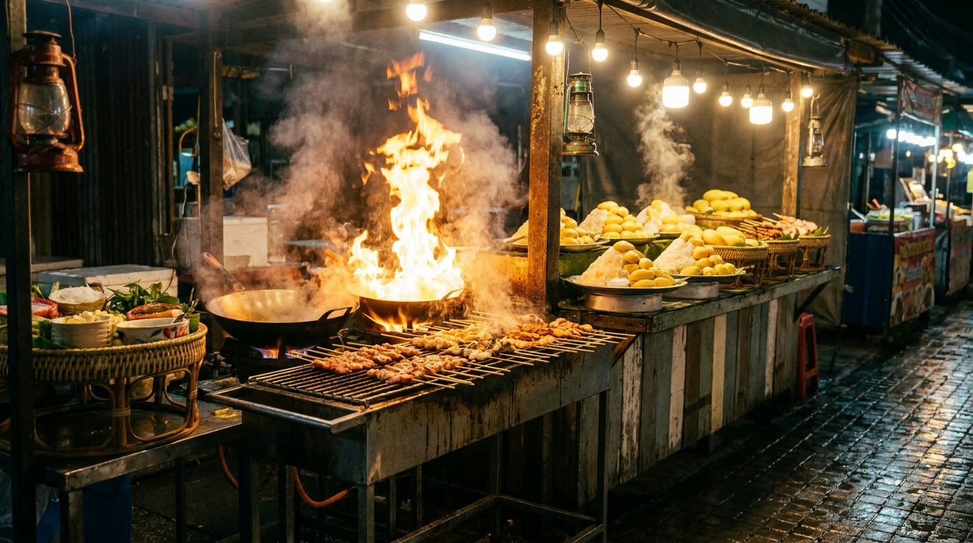 Flaming woks and skewers under string lights at a Phuket night market stall
