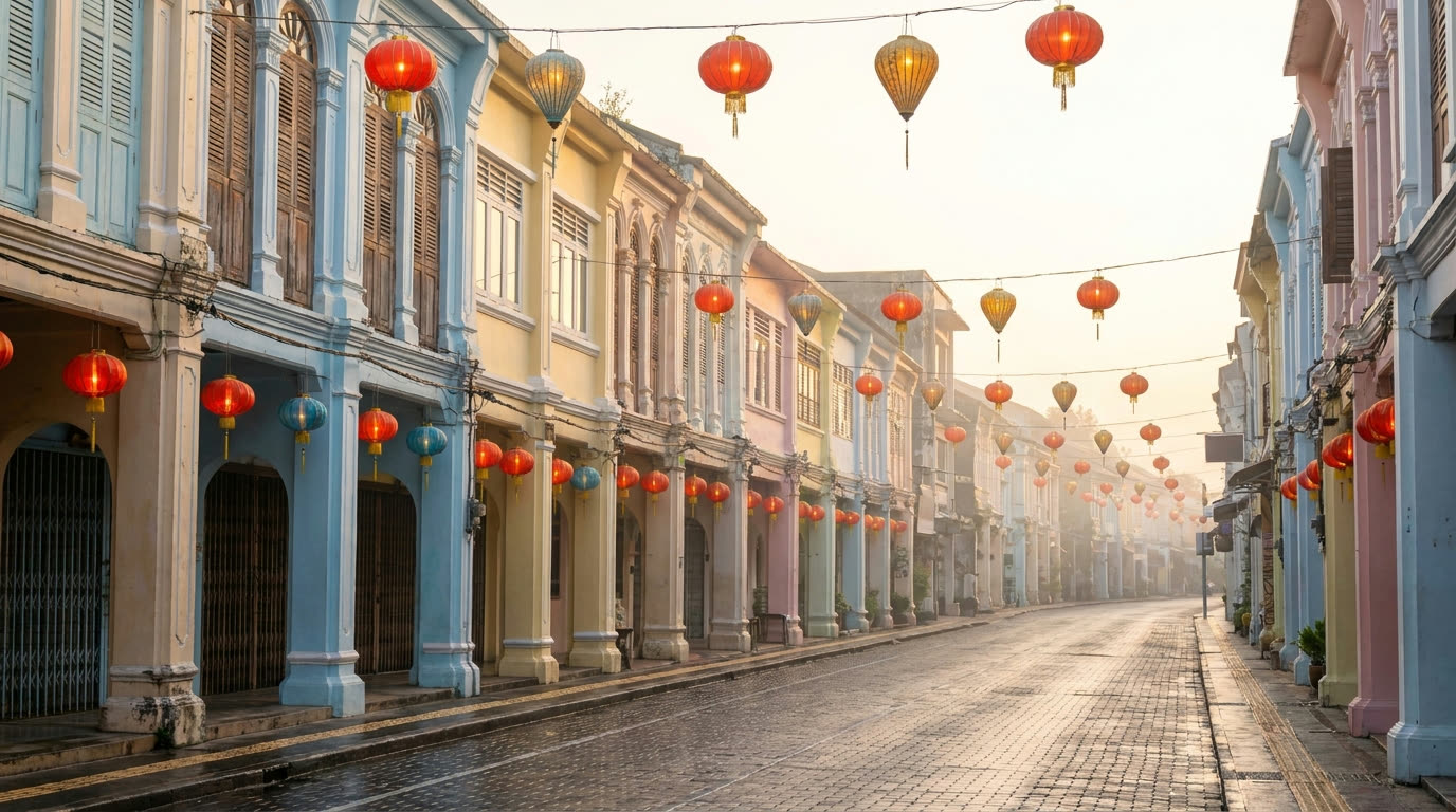 Pastel Sino-Portuguese shophouses with shutters and lanterns on an empty Old Phuket Town street