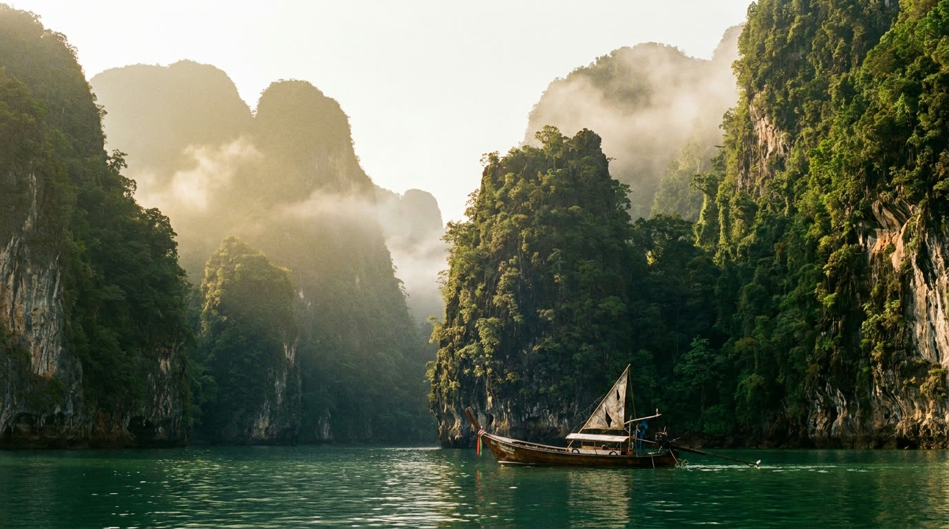 Limestone karst islands of Phang Nga Bay rising sheer from emerald water in morning haze