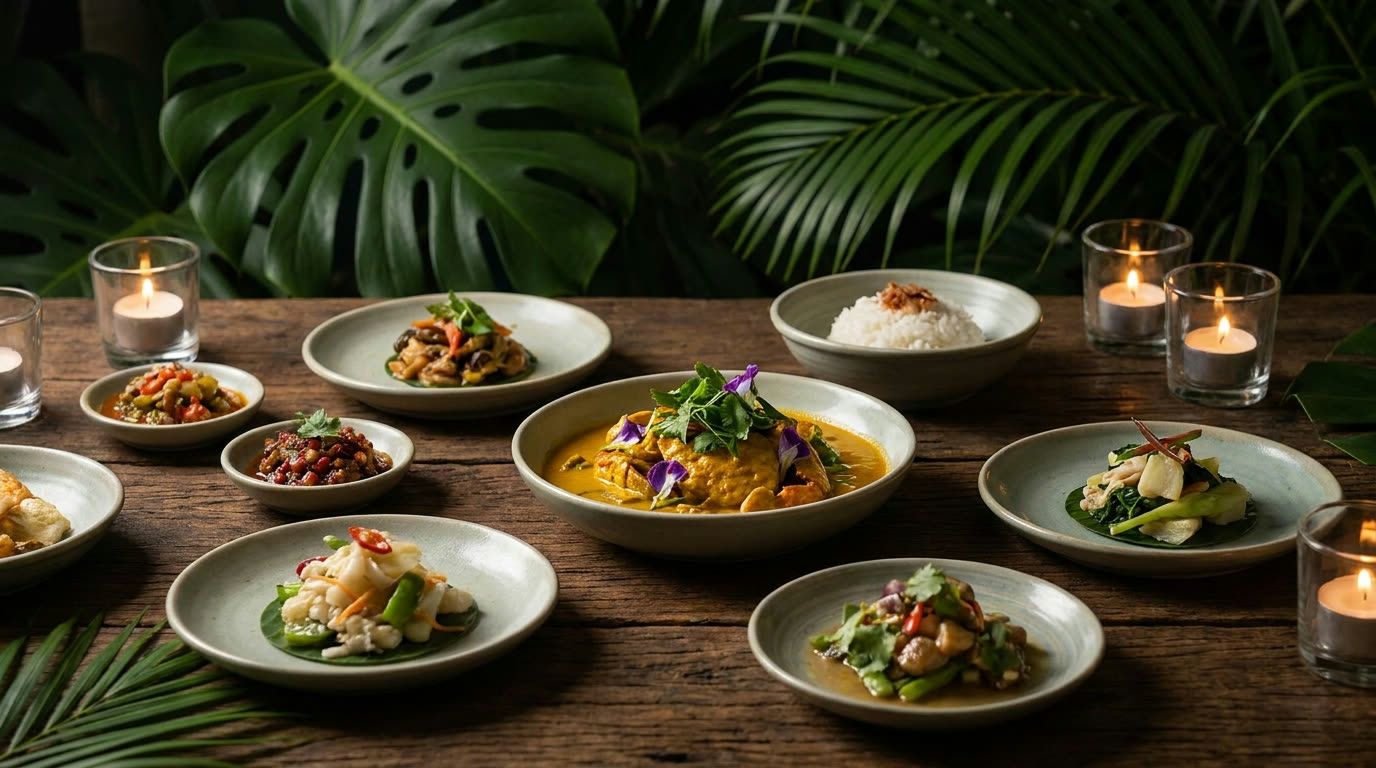 Refined southern Thai plates with turmeric crab curry, herbs and edible flowers on dark wood