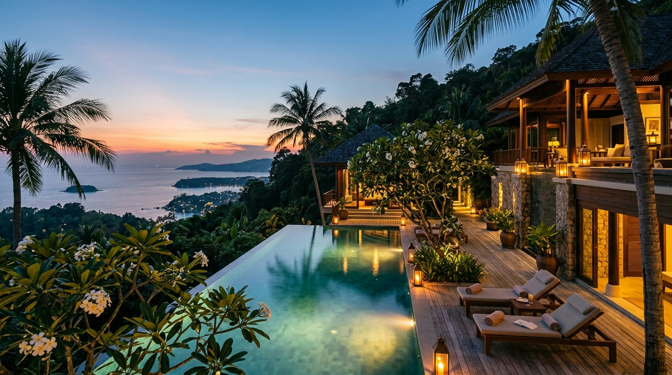 A private pool villa on a Phuket hillside at dusk with infinity pool merging into the Andaman Sea