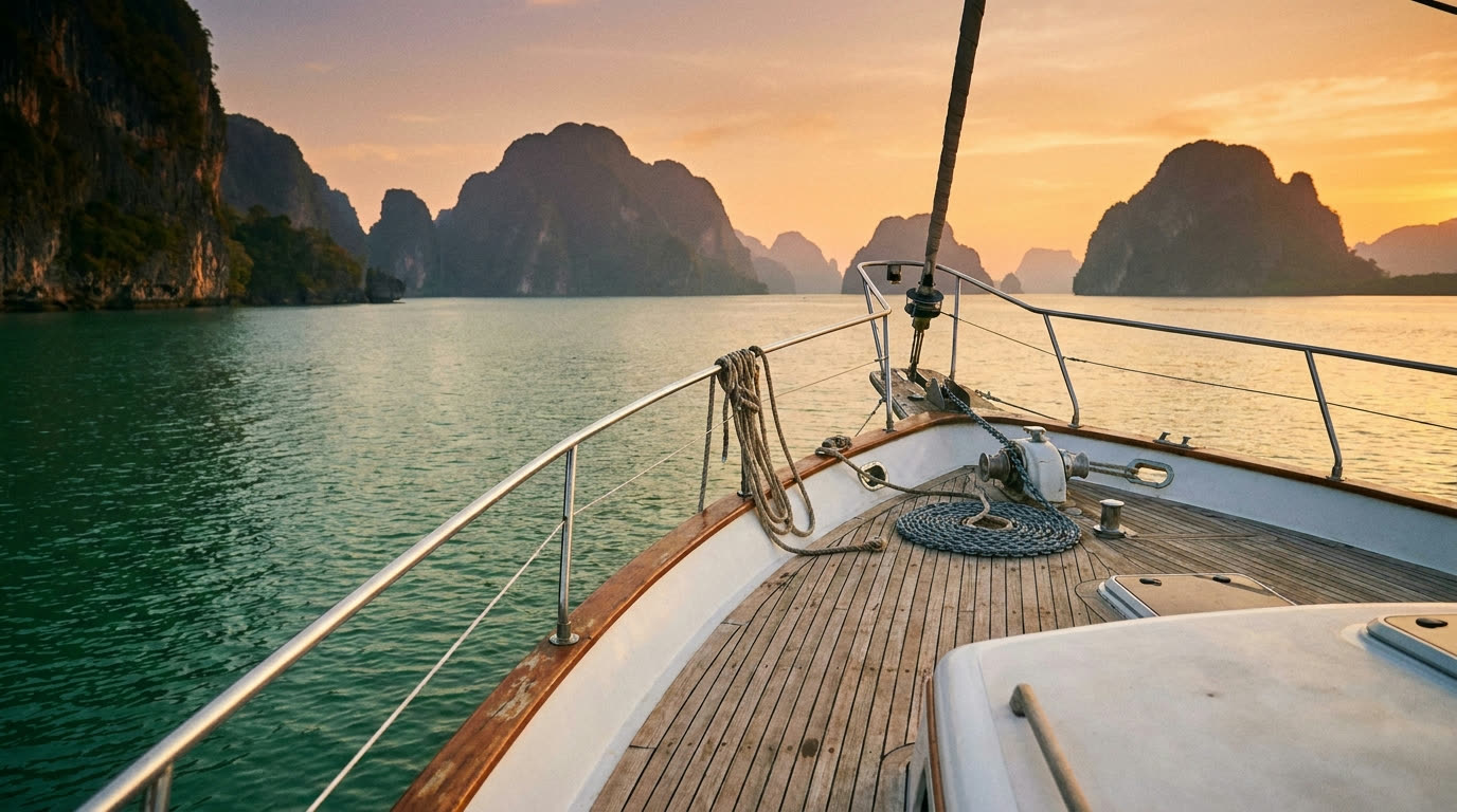 The teak foredeck of a luxury yacht anchored among limestone karsts in Phang Nga Bay at golden hour