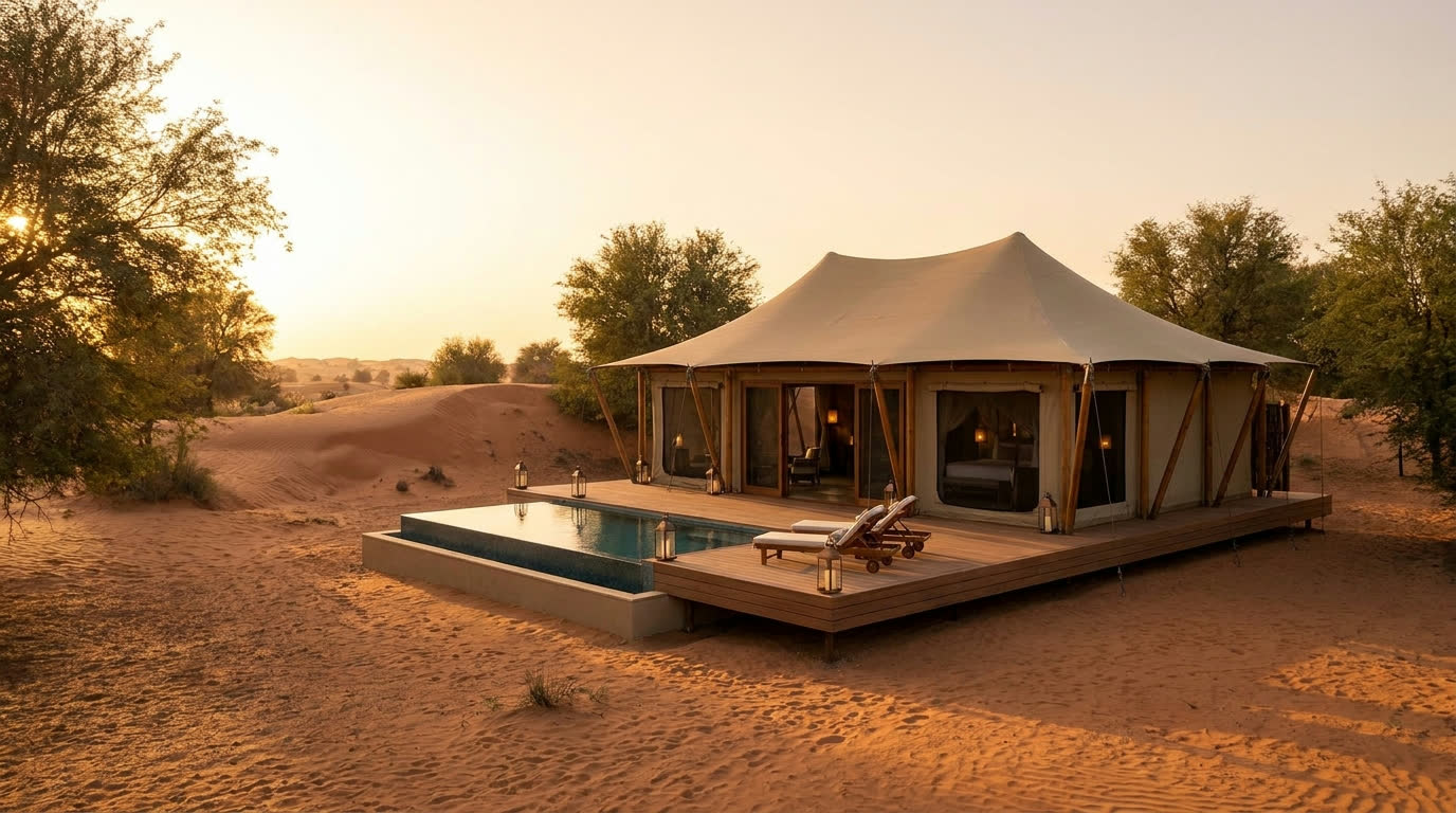Tented desert pool villa among terracotta dunes and ghaf trees in the Al Wadi reserve