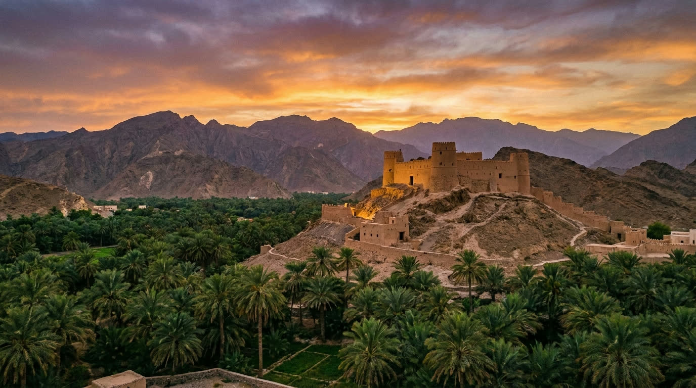 The mudbrick hilltop Dhayah Fort above date palm gardens at sunset in Ras Al Khaimah