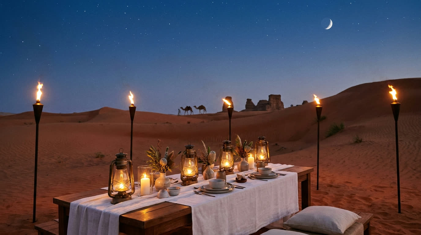 Torchlit private dinner table set among terracotta desert dunes at dusk in Ras Al Khaimah