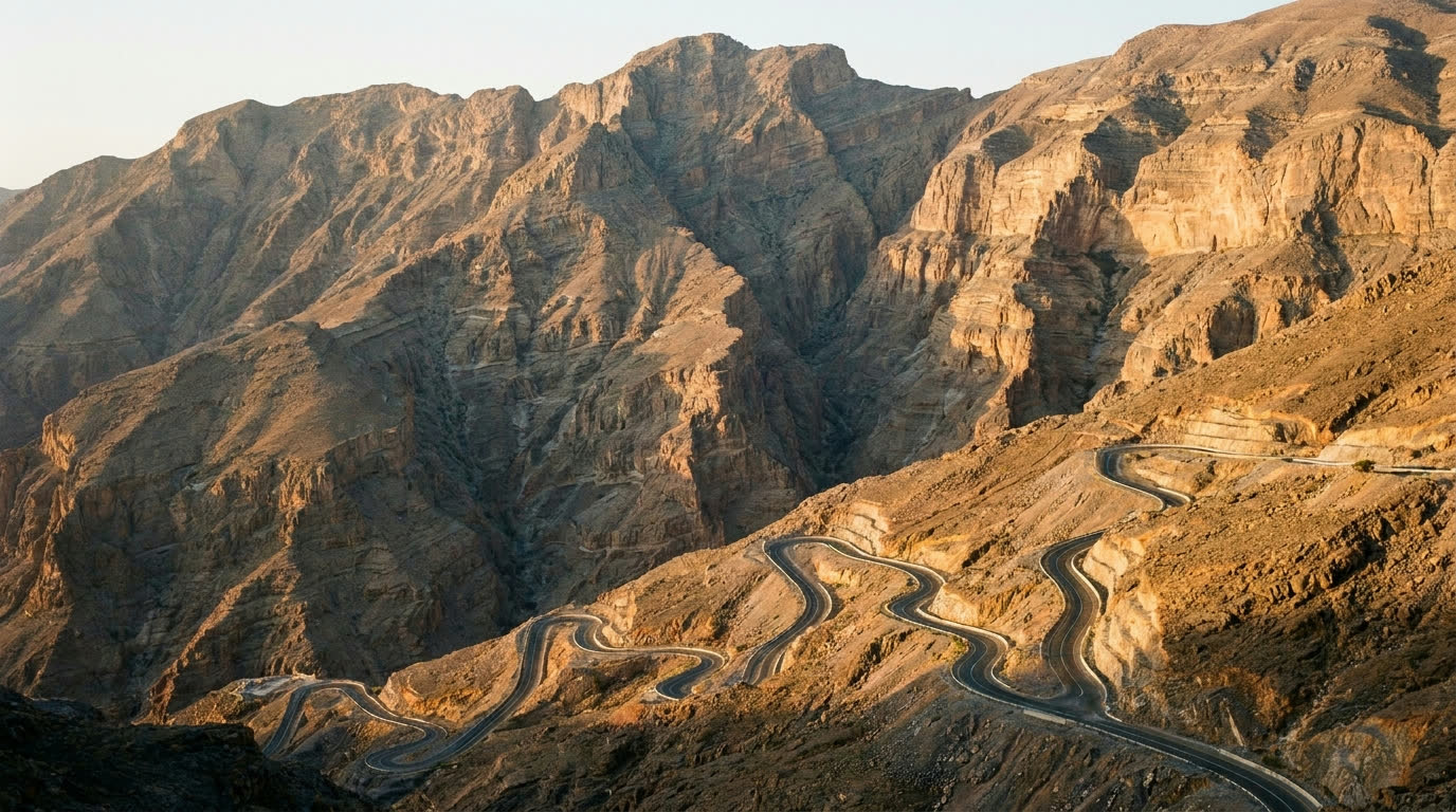 The jagged Hajar mountains of Jebel Jais at sunrise with the winding summit road below