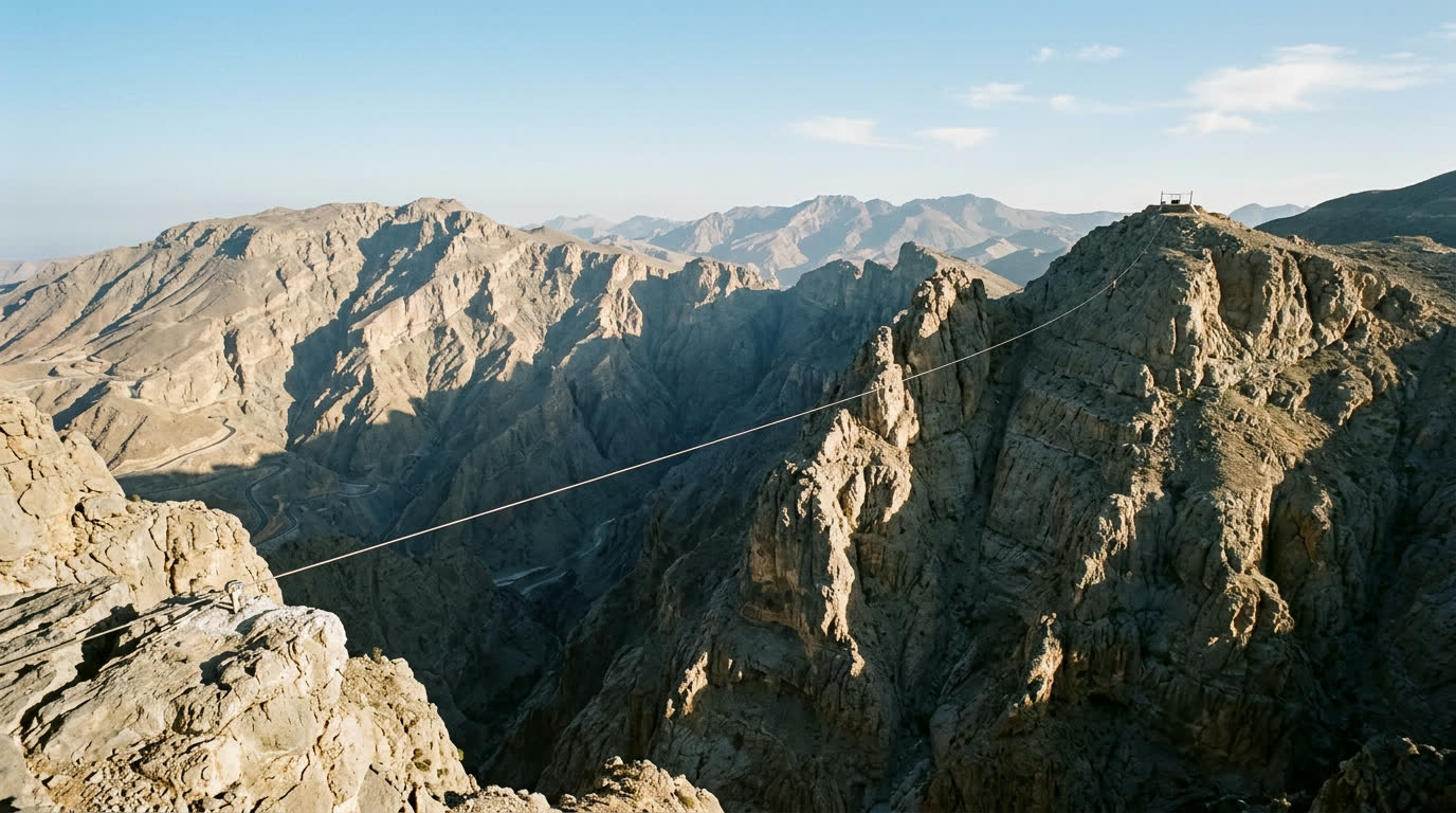 Zipline cable stretching across the jagged rock faces of Jebel Jais mountain