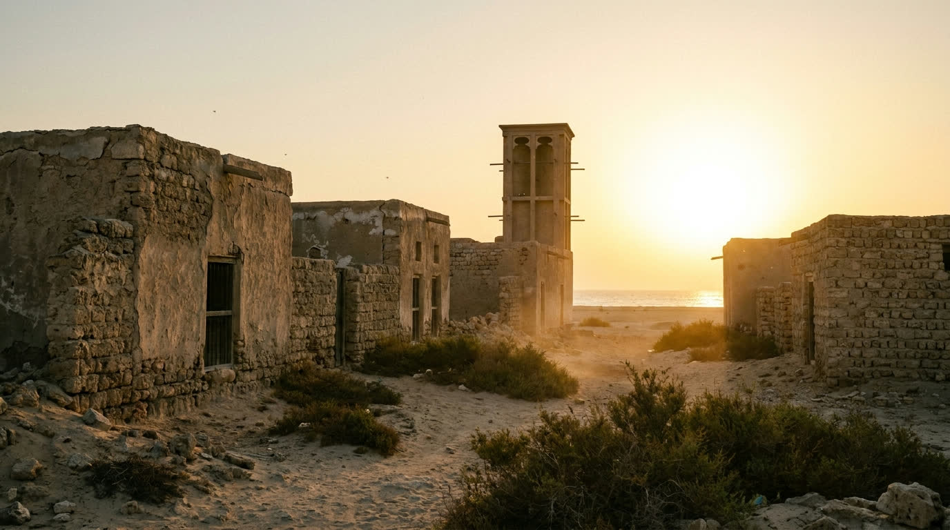 Abandoned coral-block houses and wind tower of the Jazirat Al Hamra pearl village