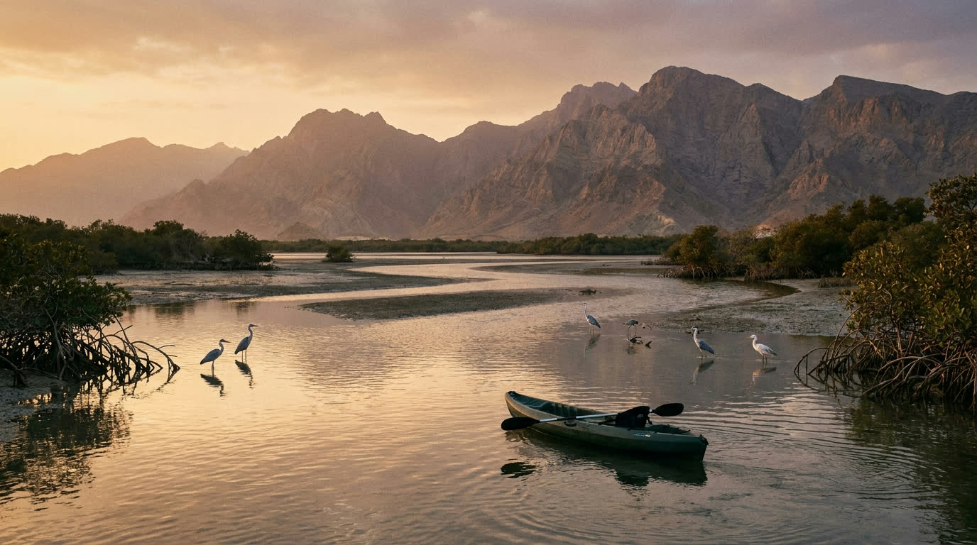 Kayak gliding through calm mangrove channels with the Hajar mountains behind in Ras Al Khaimah