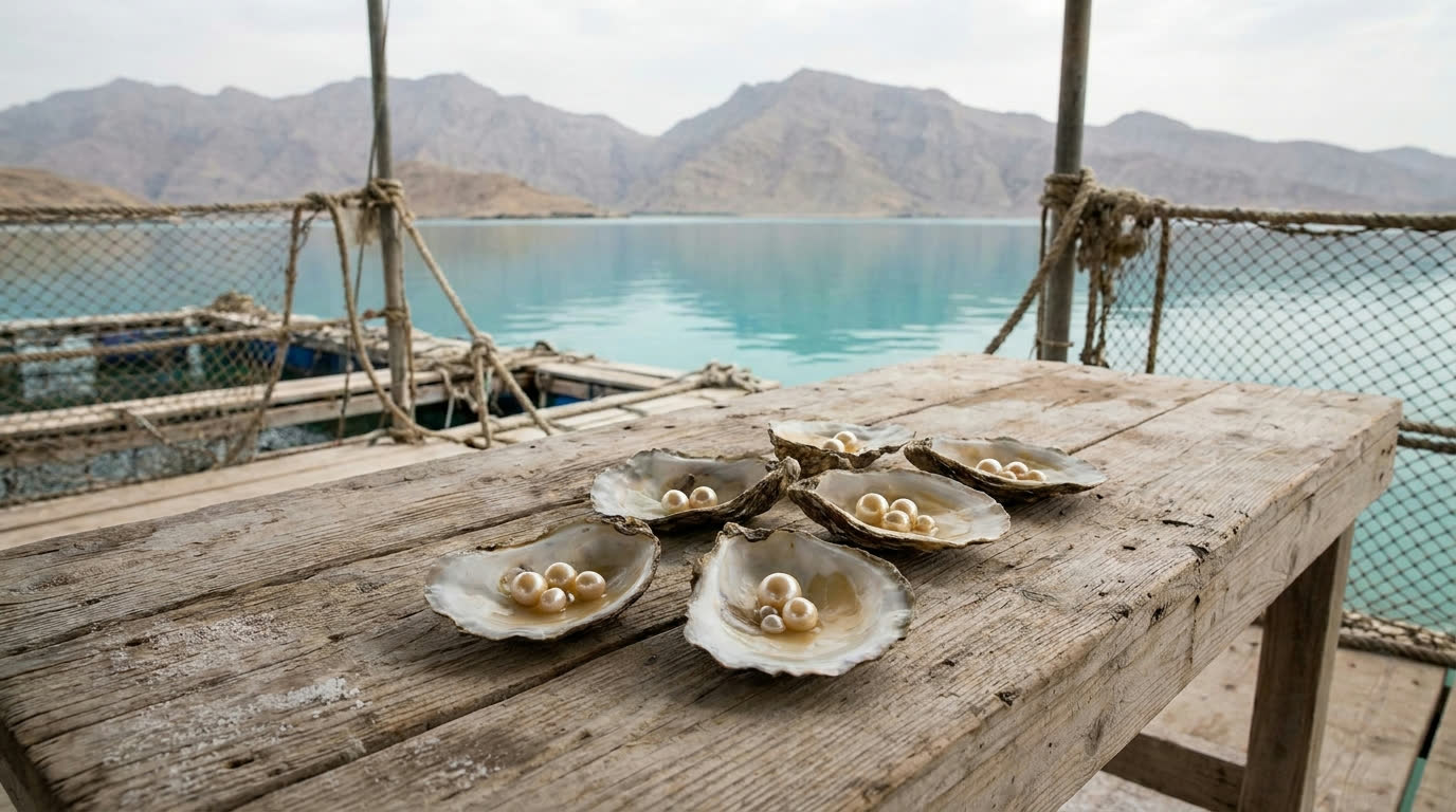 Opened oysters with Arabian Gulf pearls on a wooden table at a floating pearl farm