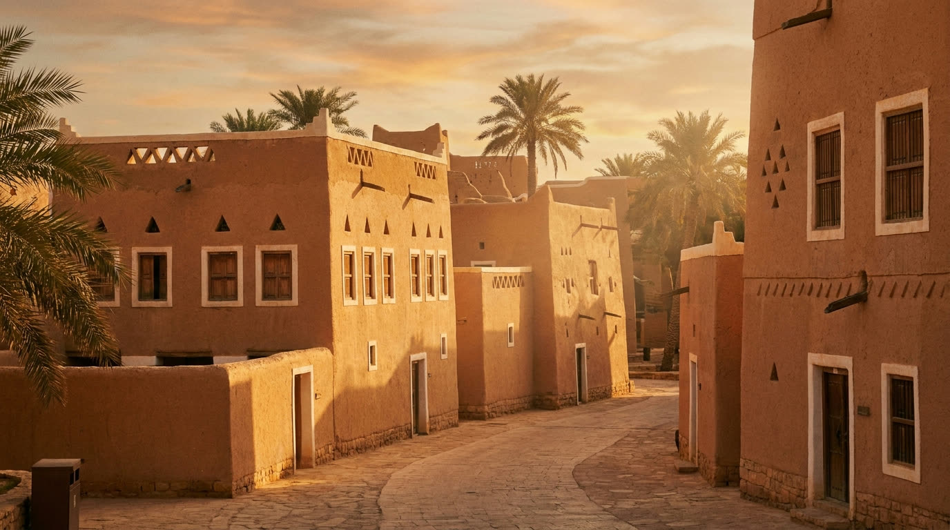 Restored Najdi mud-brick architecture of At-Turaif, Diriyah, at golden hour