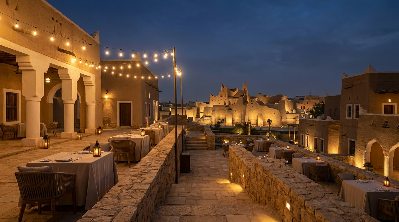 Bujairi terrace dining at night facing the lit At-Turaif citadel, Diriyah