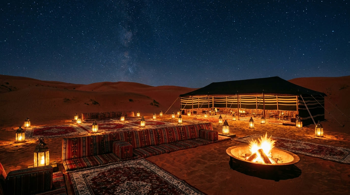 Luxury desert camp with lantern-lit majlis under stars near Riyadh