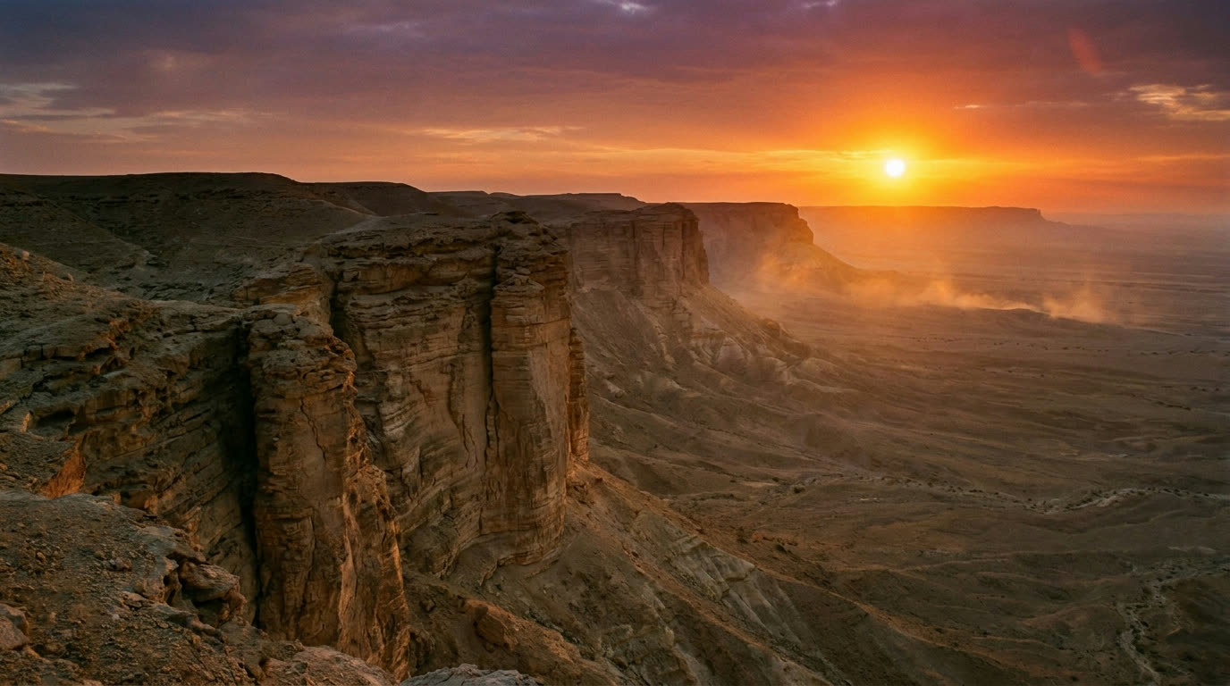 Edge of the World cliffs on the Tuwaiq Escarpment at sunset near Riyadh