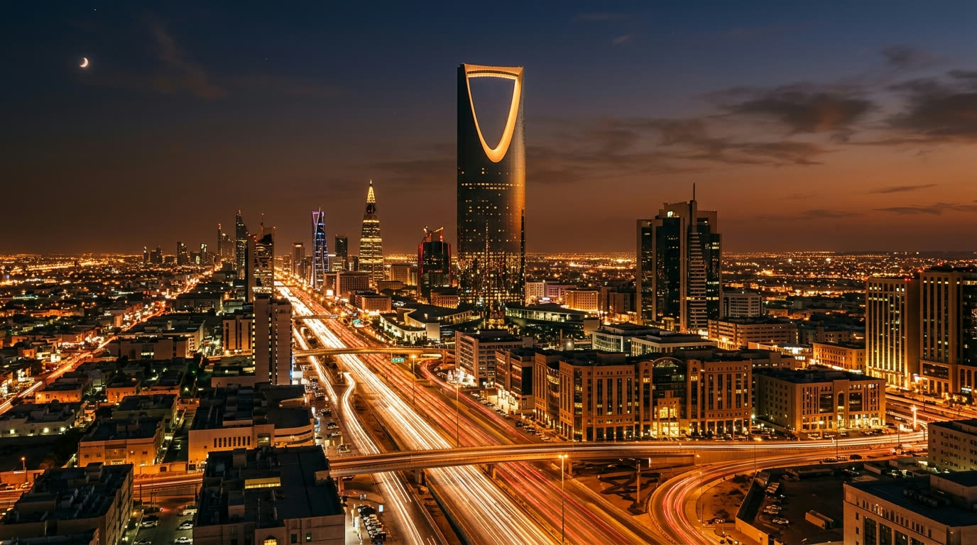 Riyadh skyline with Kingdom Centre tower at dusk