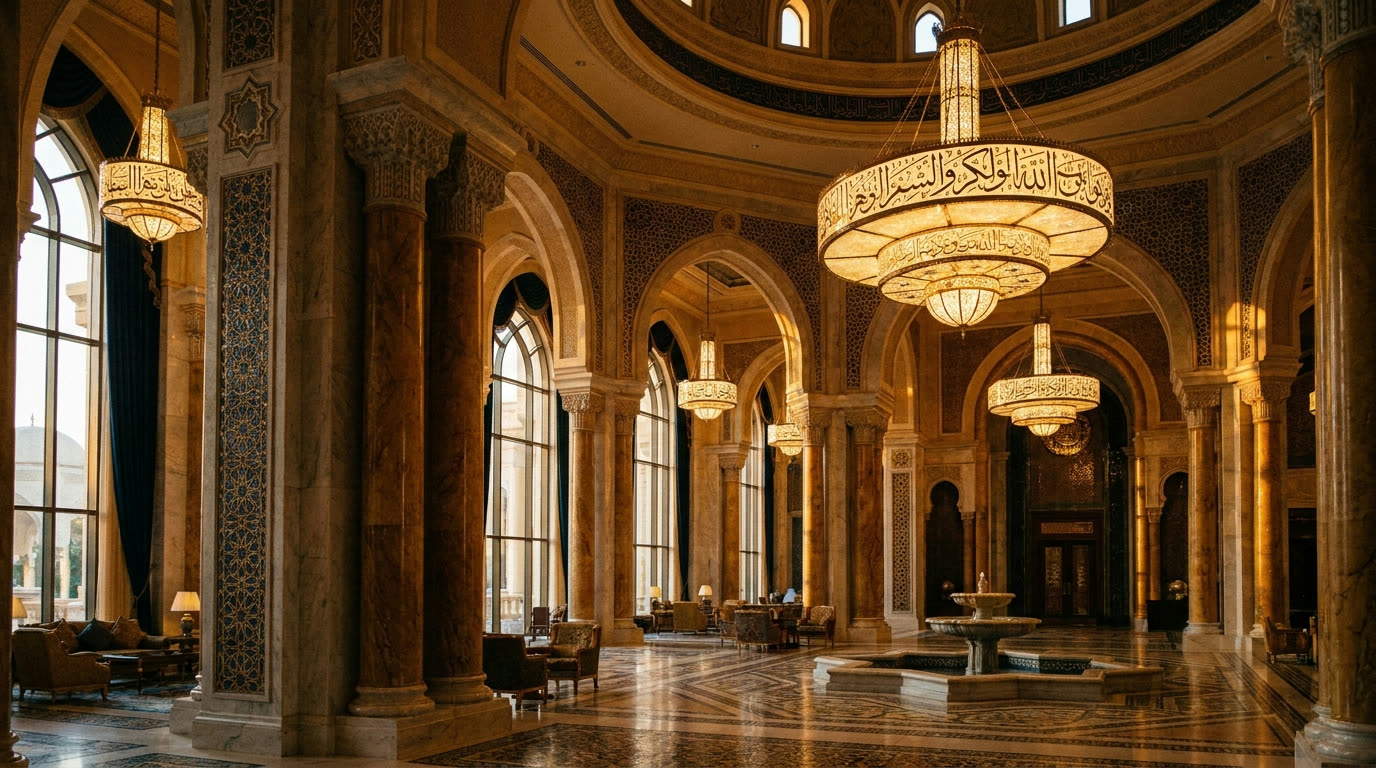 Palatial hotel lobby with chandeliers and Arabic detailing, Riyadh