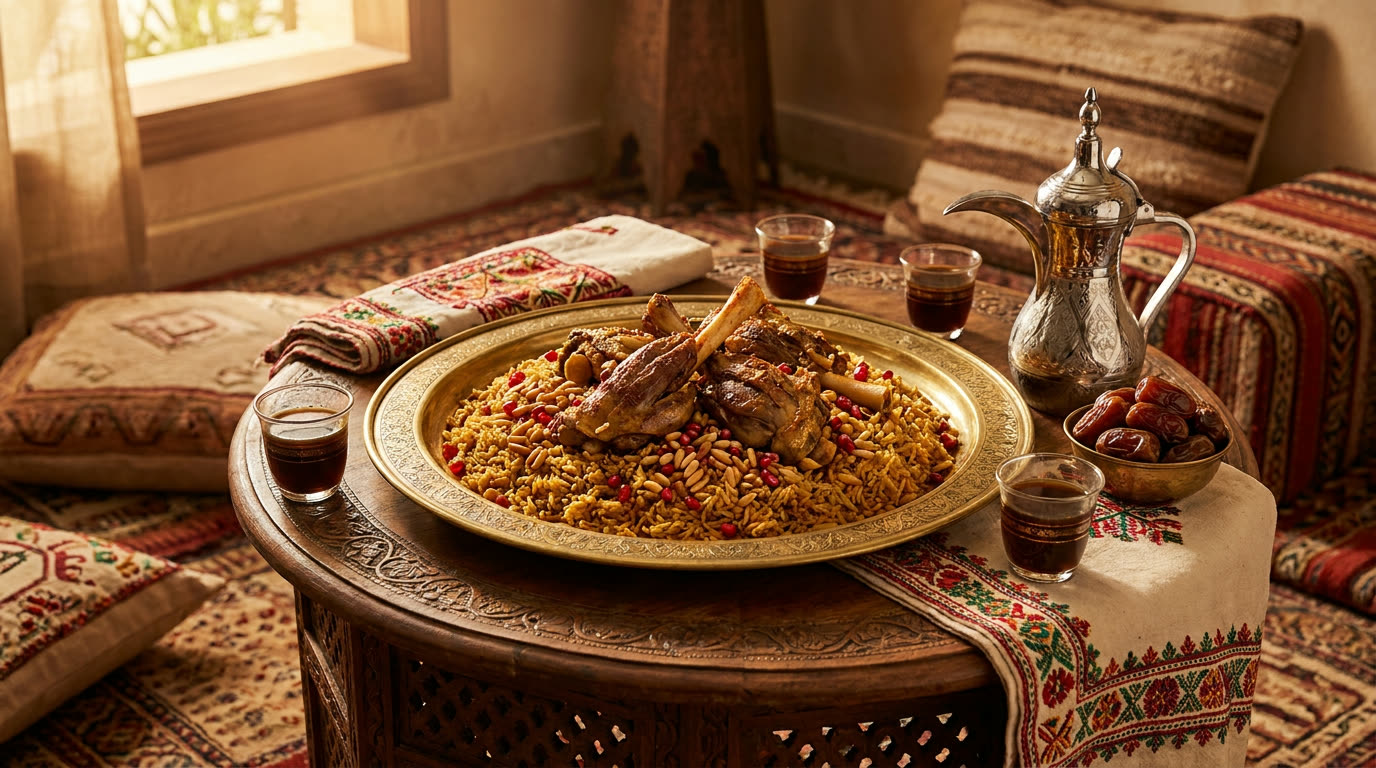 Kabsa with lamb, dates and Arabic coffee in a majlis setting, Riyadh