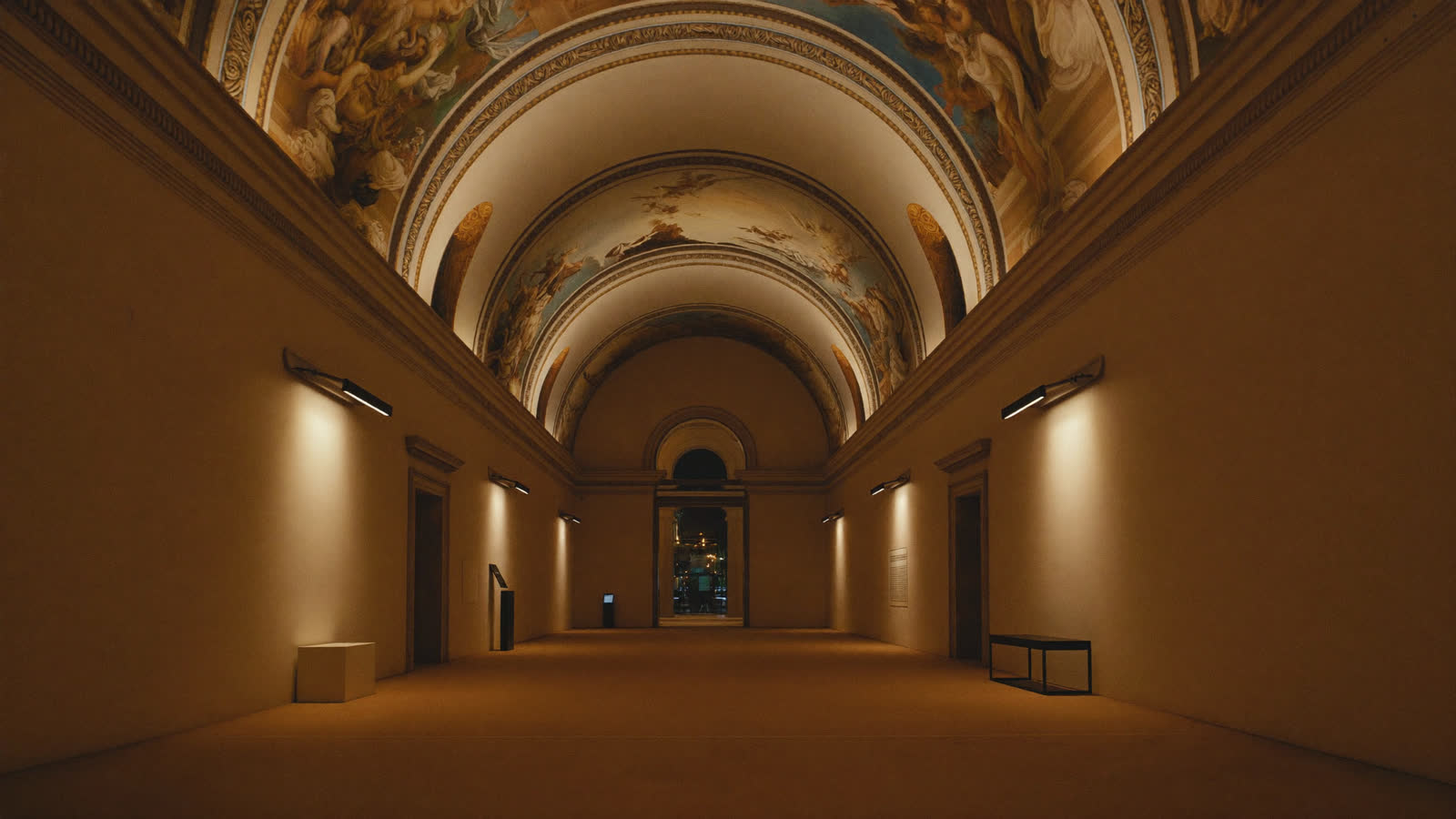 Frescoed museum gallery corridor empty at night, Rome
