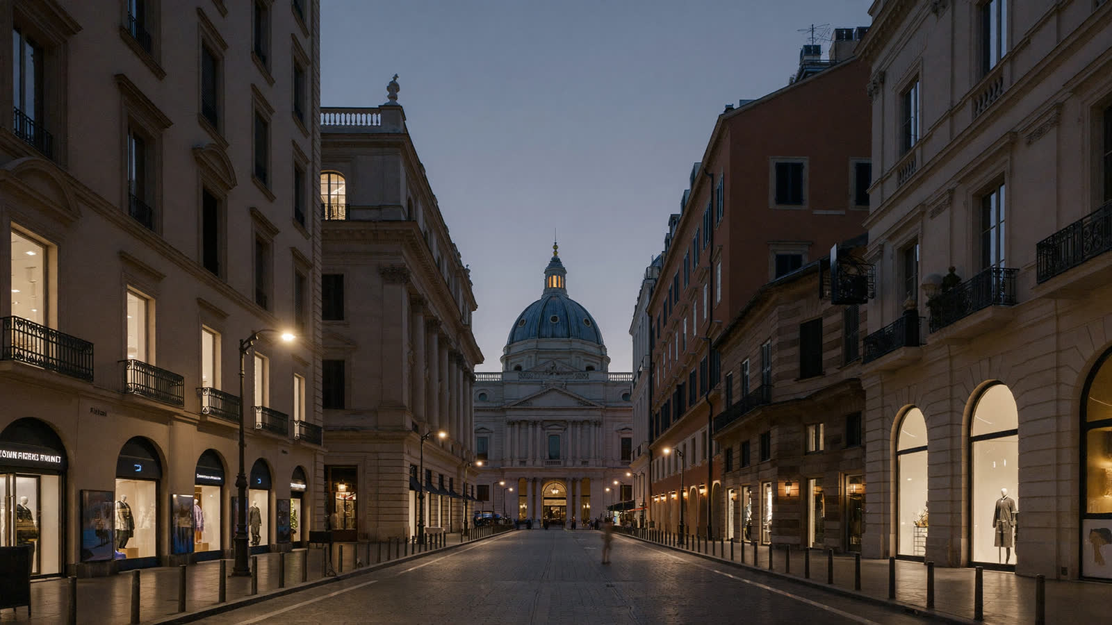 Via dei Condotti luxury shopping street in evening light, Rome
