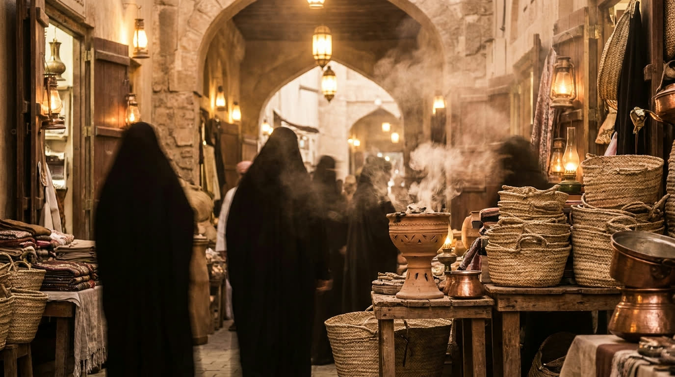Frankincense burners and woven baskets in a warm-lit Omani souk