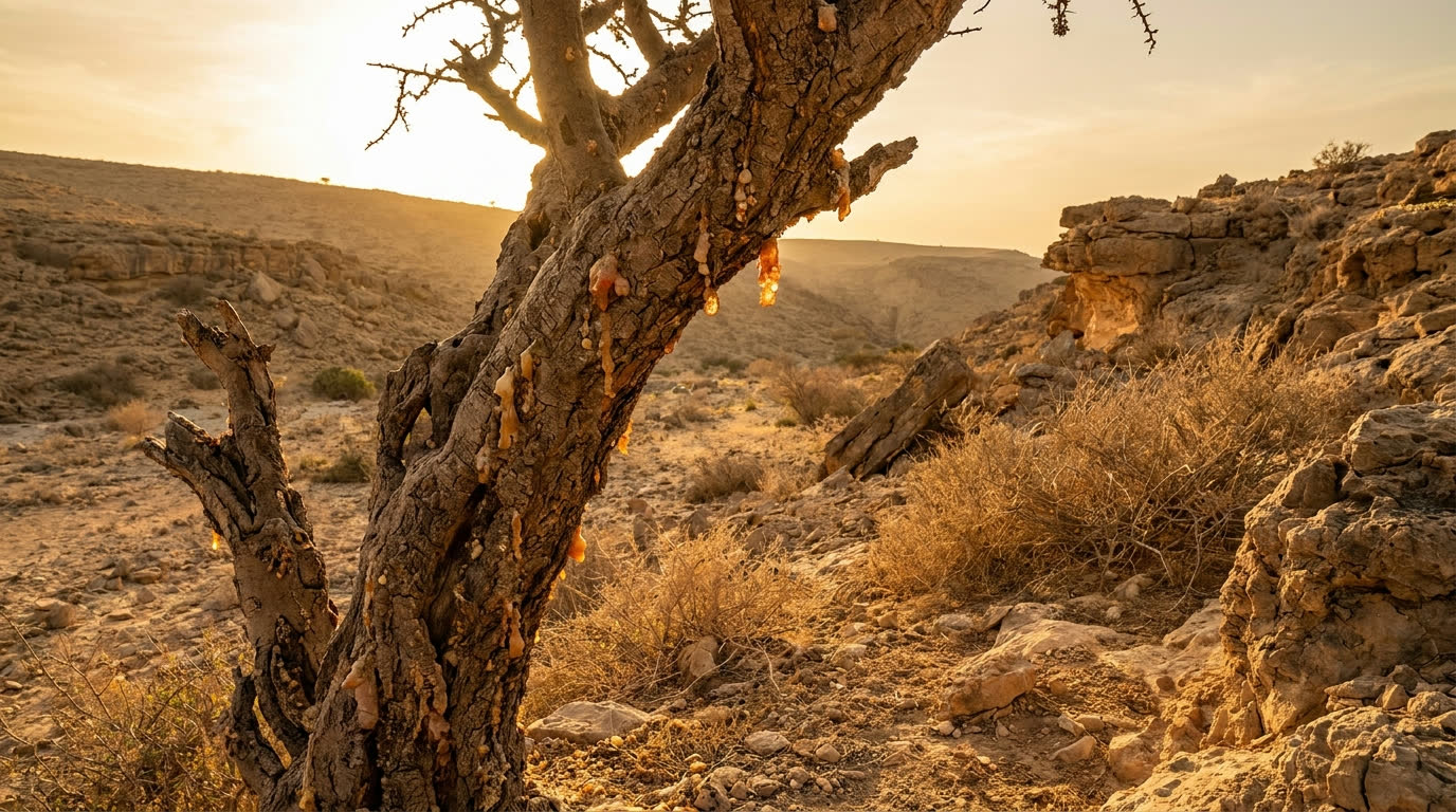 Frankincense tree with resin beads on gnarled bark in a rocky Dhofar valley