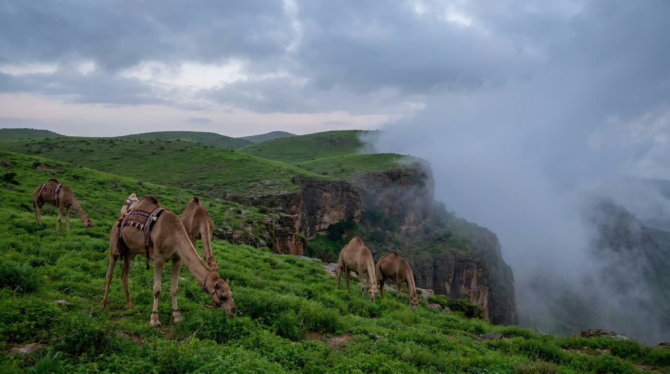 Camels grazing green monsoon meadows on Jebel Samhan with mist rolling over the cliffs