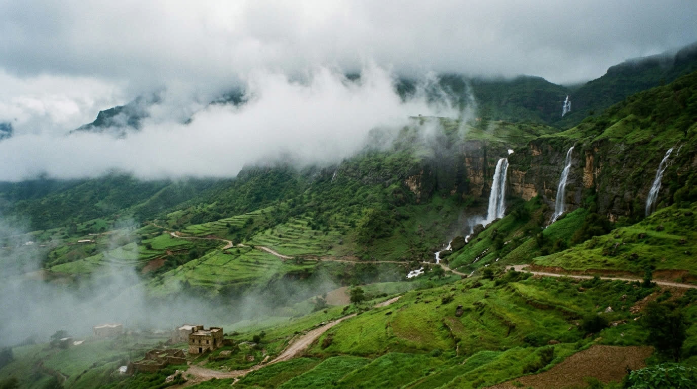 Green mist-covered mountains of Salalah during khareef season with waterfalls over cliffs