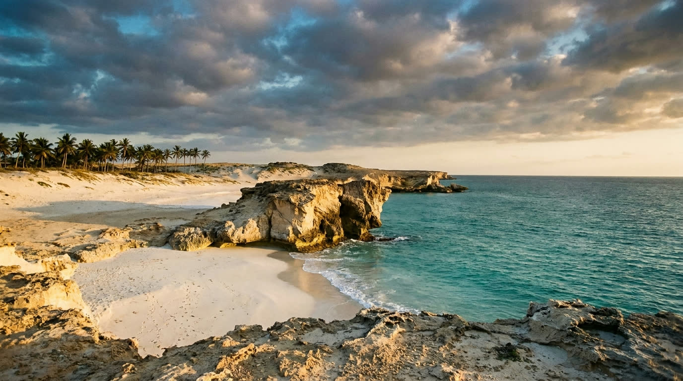 Empty white sand beach beneath limestone cliffs at Mughsail, Salalah