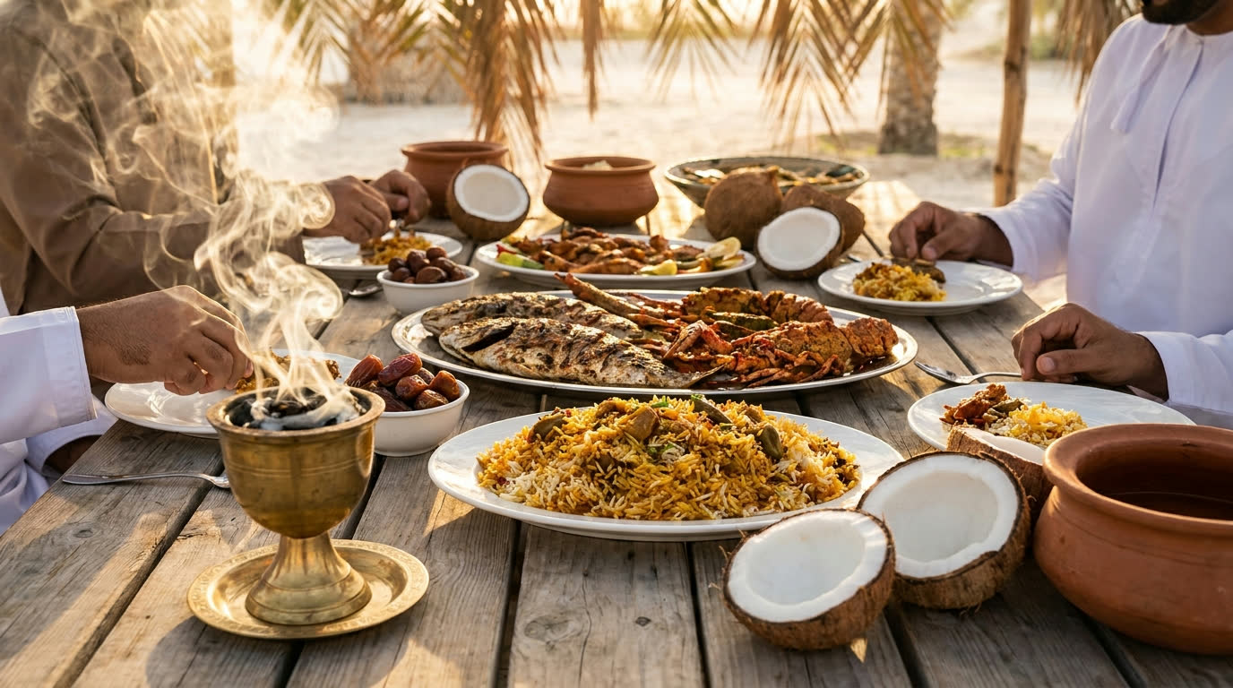 Omani feast of grilled seafood and rice with incense smoke in warm light