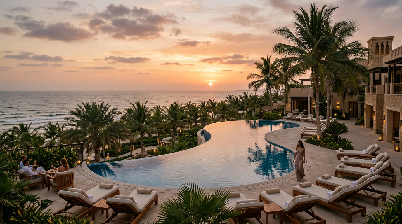 Infinity pool terrace with palms facing the Arabian Sea at a Salalah beach resort at dusk