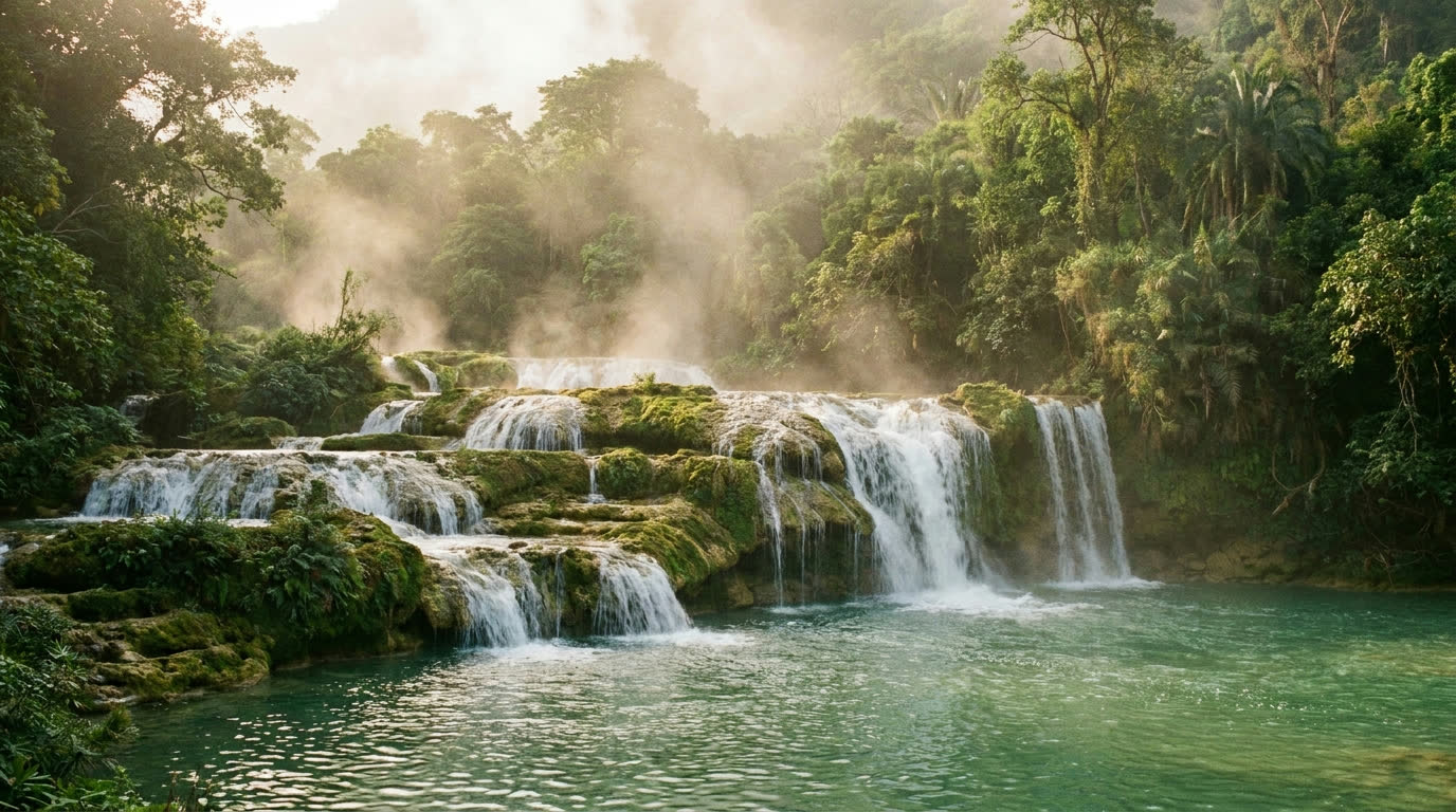 Wadi Darbat waterfalls cascading over green travertine tiers in the Salalah mist