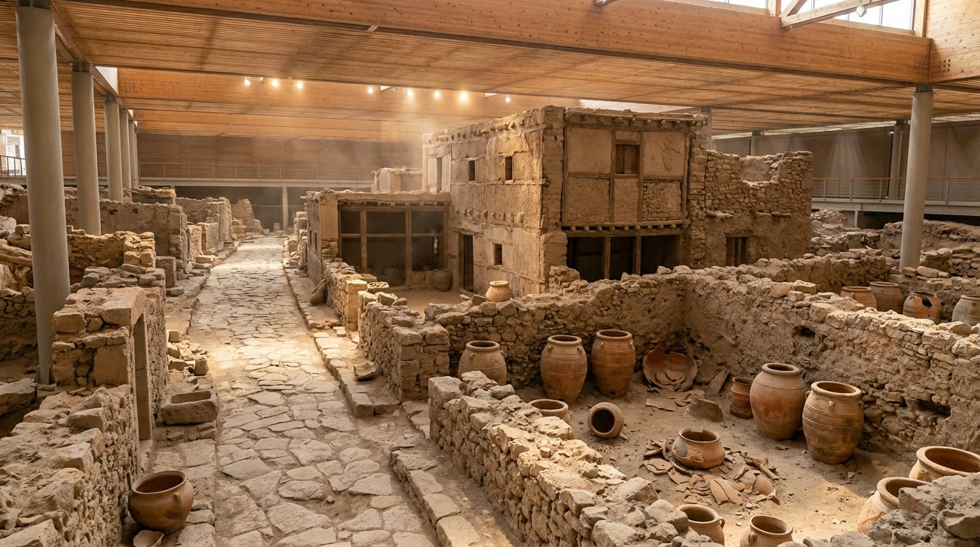 Preserved Bronze Age streets of the Akrotiri archaeological site, Santorini