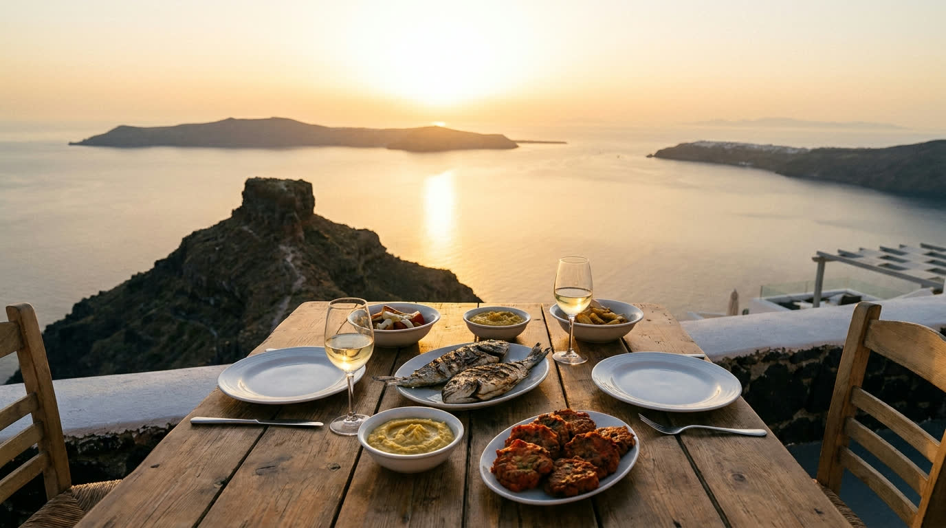 Grilled fish, fava and Assyrtiko wine on a cliffside dinner table at sunset, Santorini