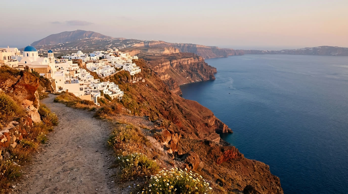 The caldera rim path between Fira and Oia, Santorini, empty in early morning