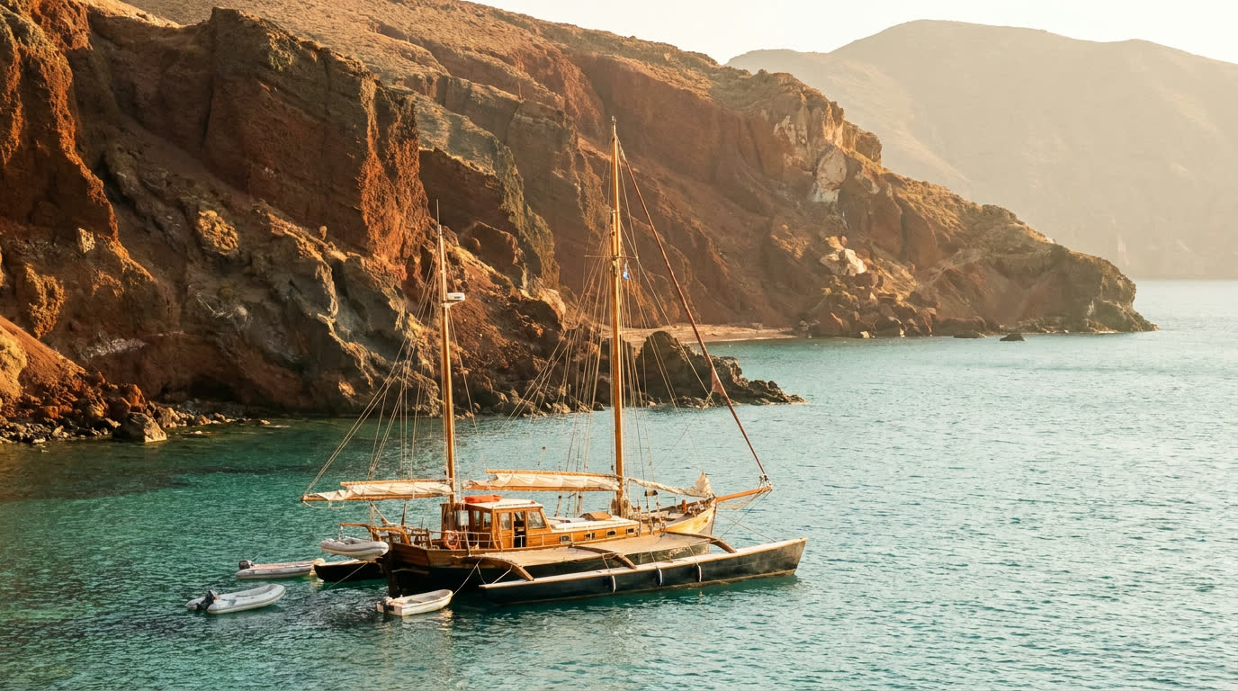 Sailing catamaran anchored beneath the red cliffs of Red Beach, Santorini