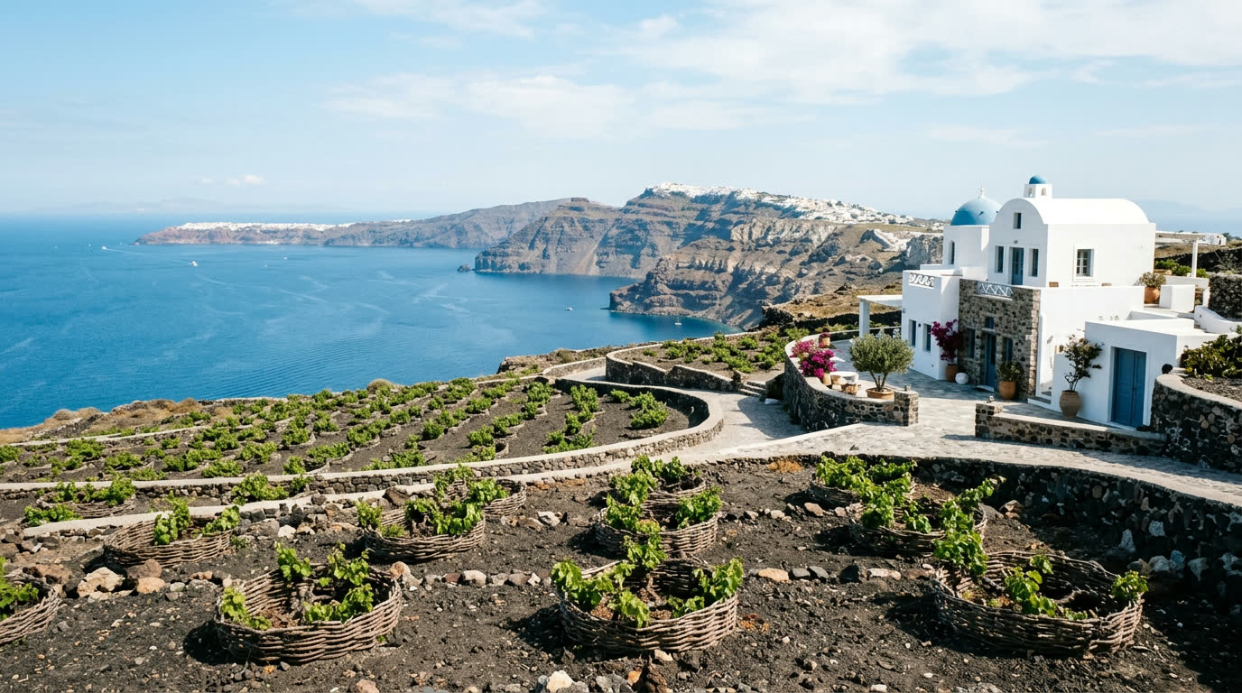 Basket-trained kouloura vines in volcanic soil at a Santorini vineyard