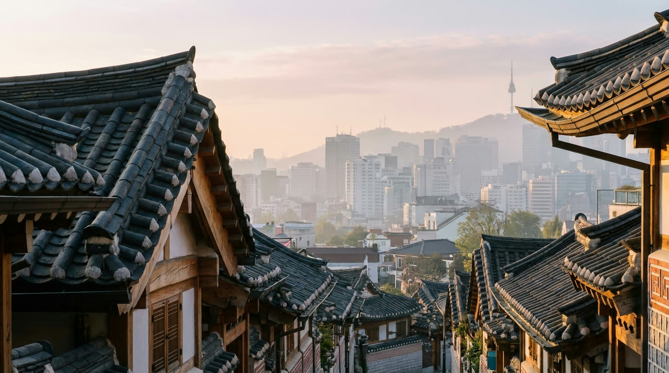 Curved tiled rooftops of Bukchon Hanok Village at first light with the Seoul skyline beyond