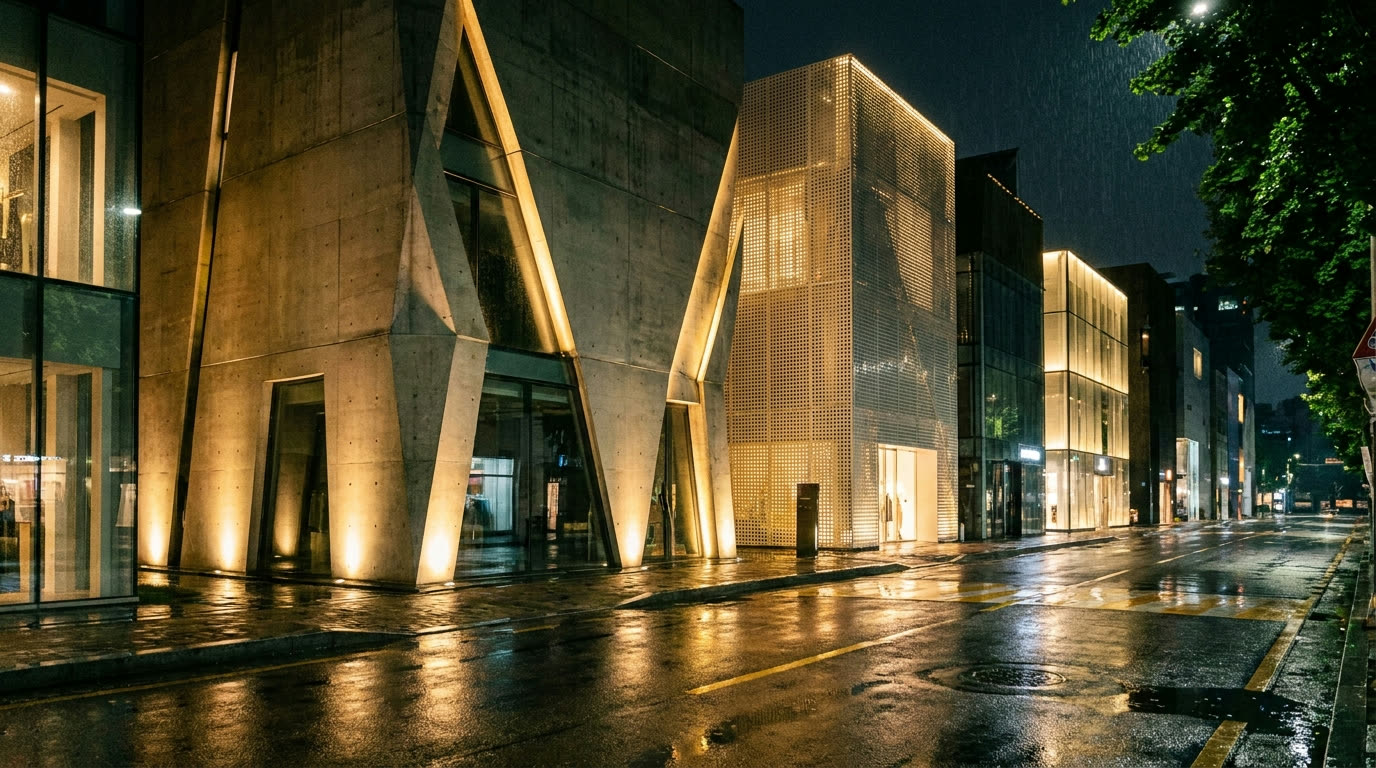 Sculptural flagship boutique facades with architectural lighting on a wet Cheongdam avenue at night