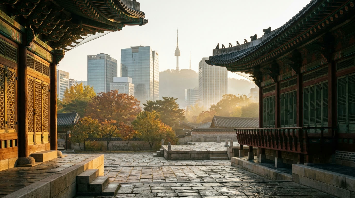 Gyeongbokgung Palace pavilions at dawn with Seoul's modern towers rising behind
